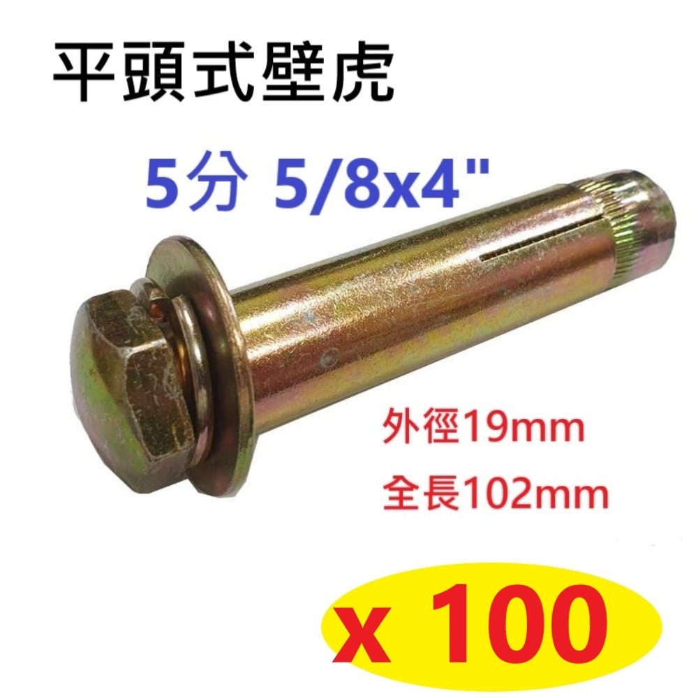 【100入】5分 5/8x4" 鍍鋅 平頭式壁虎 五分 外徑19mm 全長102mm 平頭膨脹螺絲 固定螺絲 螺帽露出 水泥 牆壁