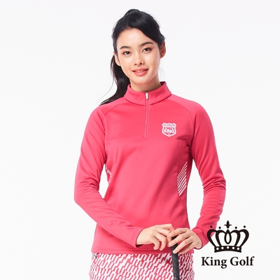 【KING GOLF】素面拼接條紋厚款搖粒刷毛立領拉鍊長袖POLO衫-桃紅色