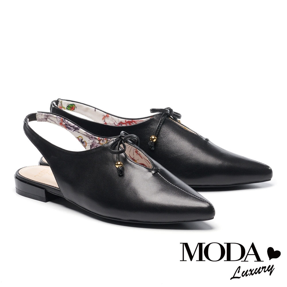 涼鞋 MODA Luxury 小清新簍空蝴蝶結設計羊皮尖頭低跟涼鞋－黑