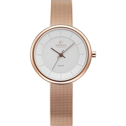 OBAKU 丹麥都會女性光動太陽能金屬米蘭帶腕錶-玫瑰金-32mm