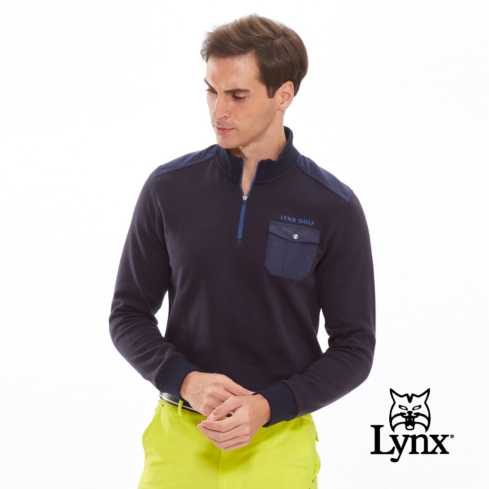 【Lynx Golf】男款法式羅紋剪接設計胸袋長袖立領POLO衫-深藍色