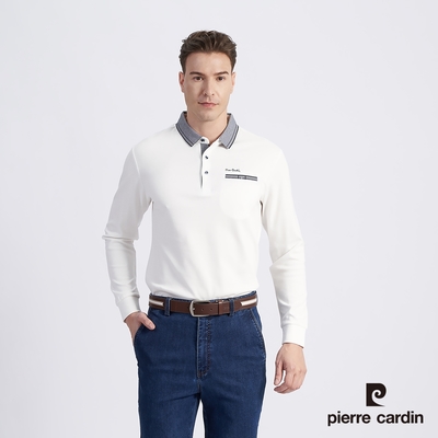 Pierre Cardin皮爾卡登 男款 棉質混紡素色薄長袖POLO衫-白色 (5215292-90)