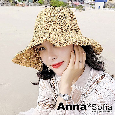 AnnaSofia 純手工平針編條 遮陽防曬淑女帽草帽漁夫帽(米杏系)