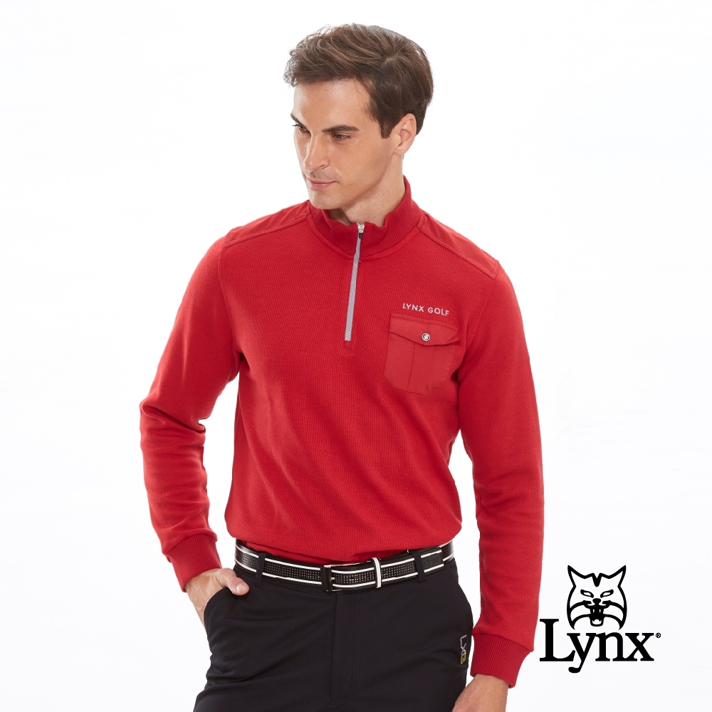 【Lynx Golf】男款法式羅紋剪接設計胸袋長袖立領POLO衫-暗紅色