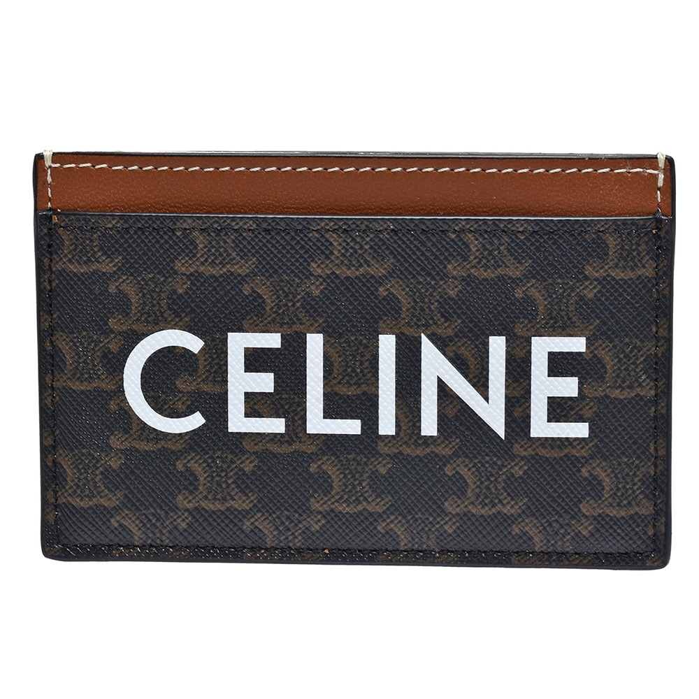 CELINE 經典品牌字母LOGO TRIOMPHE帆布小牛皮萬用卡夾(黃褐色)