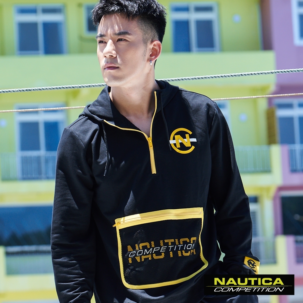 Nautica JR紀言愷聯名款撞色口袋連帽長袖帽T-黑色