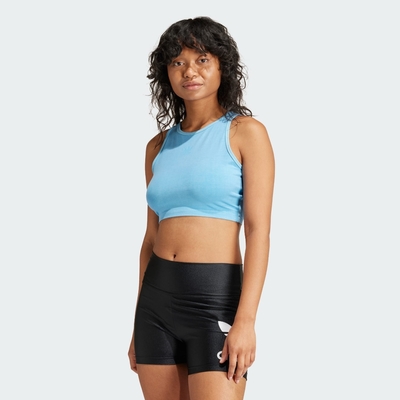 adidas 愛迪達 背心 女款 運動背心 慢跑 三葉草 ESS+ CROP TANK 藍 IR6001