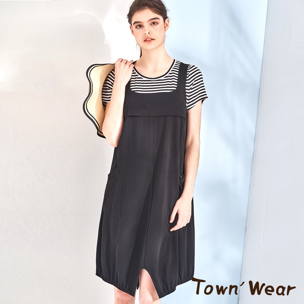 【TOWNWEAR棠葳】條紋假兩件吊帶連身洋裝