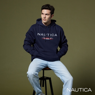 NAUTICA男裝 品牌文字LOGO刺繡長袖帽T-深藍