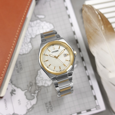 CITIZEN / 光動能 俐落時尚 日期 防水100米 不鏽鋼手錶-米白色x鍍金/38mm
