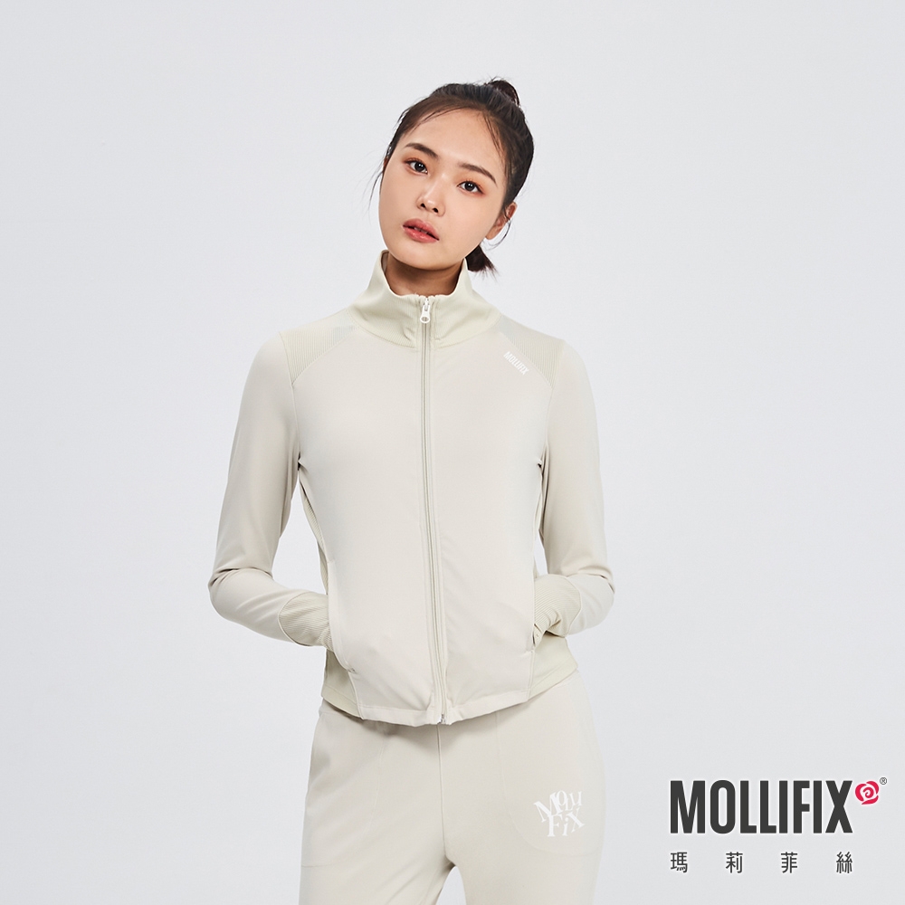 Mollifix 瑪莉菲絲 羅紋拼接俐落訓練外套(芽白)、保暖、防風、羽絨外套