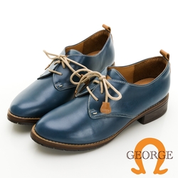 【GEORGE 喬治皮鞋】素面牛皮木紋低跟綁帶踝靴 -藍 231013CU70