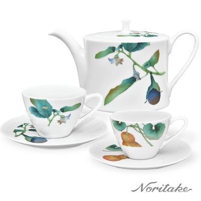 【NORITAKE】京香旬彩白瓷午茶杯壺5件禮盒組 (南瓜/茄子)