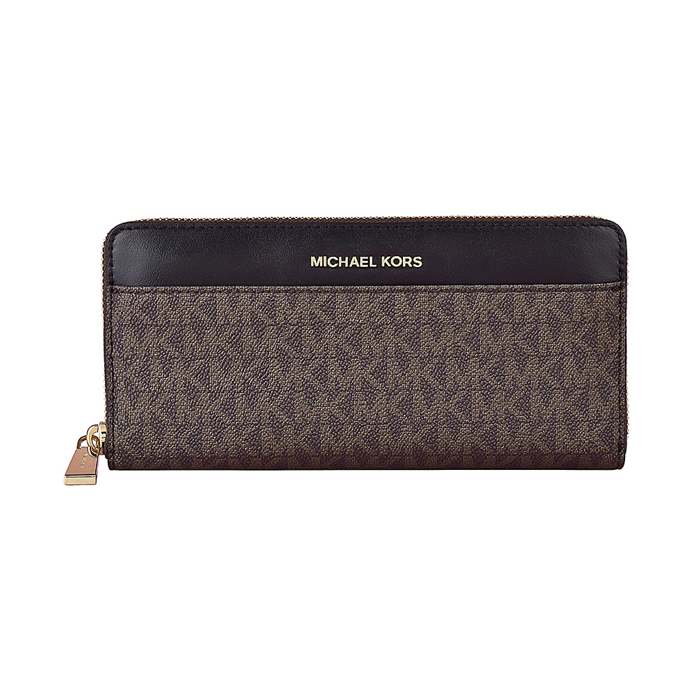 MK MICHAEL KORS JET SET金字LOGO印花PVC拼牛皮12卡拉鏈長夾(深咖啡x黑)