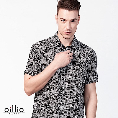 oillio歐洲貴族 短袖創意設計格紋襯衫 超柔布料上衣 黑色