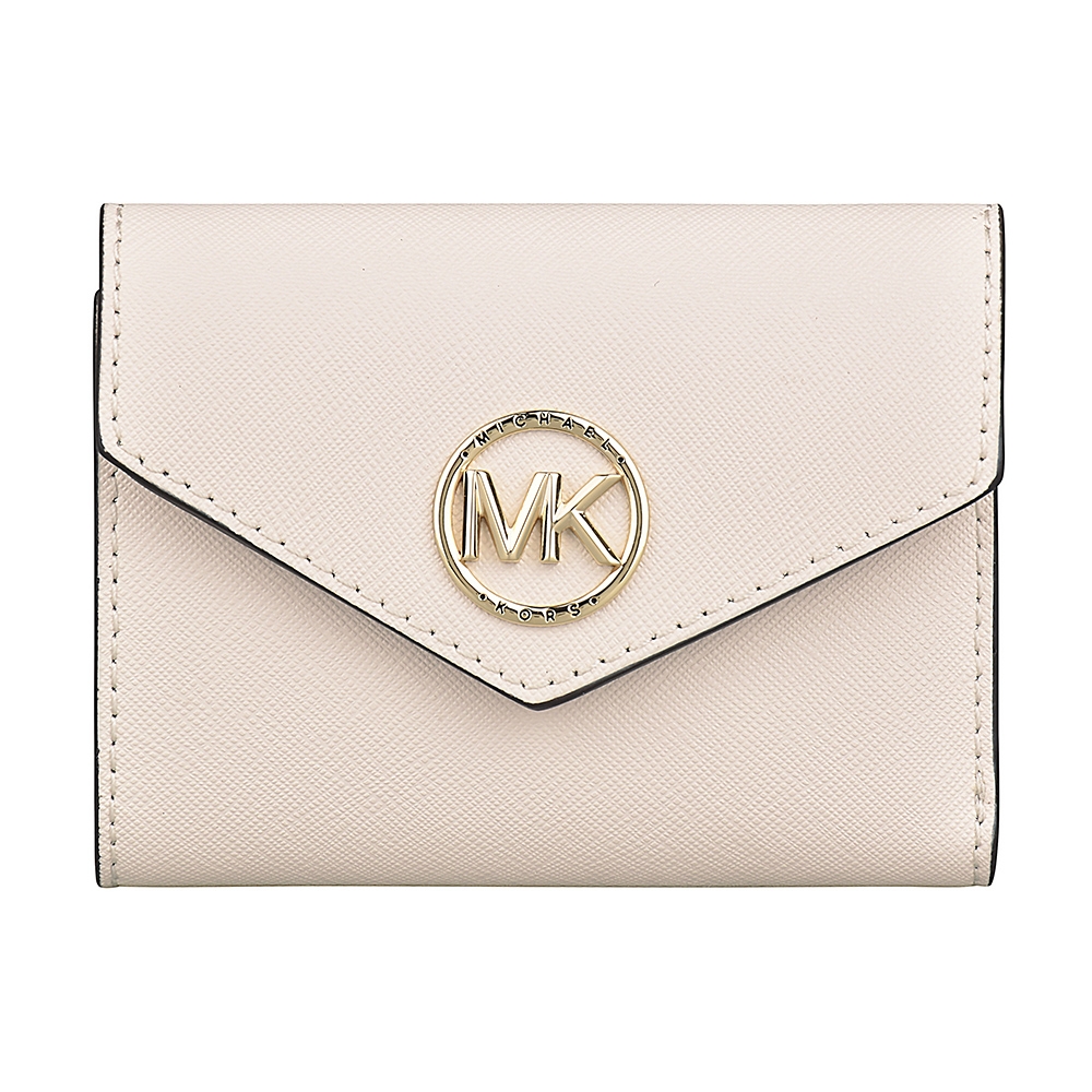 MK MICHAEL KORS CARMEN金字LOGO信封造型防刮牛皮4卡釦式短夾(奶油白)