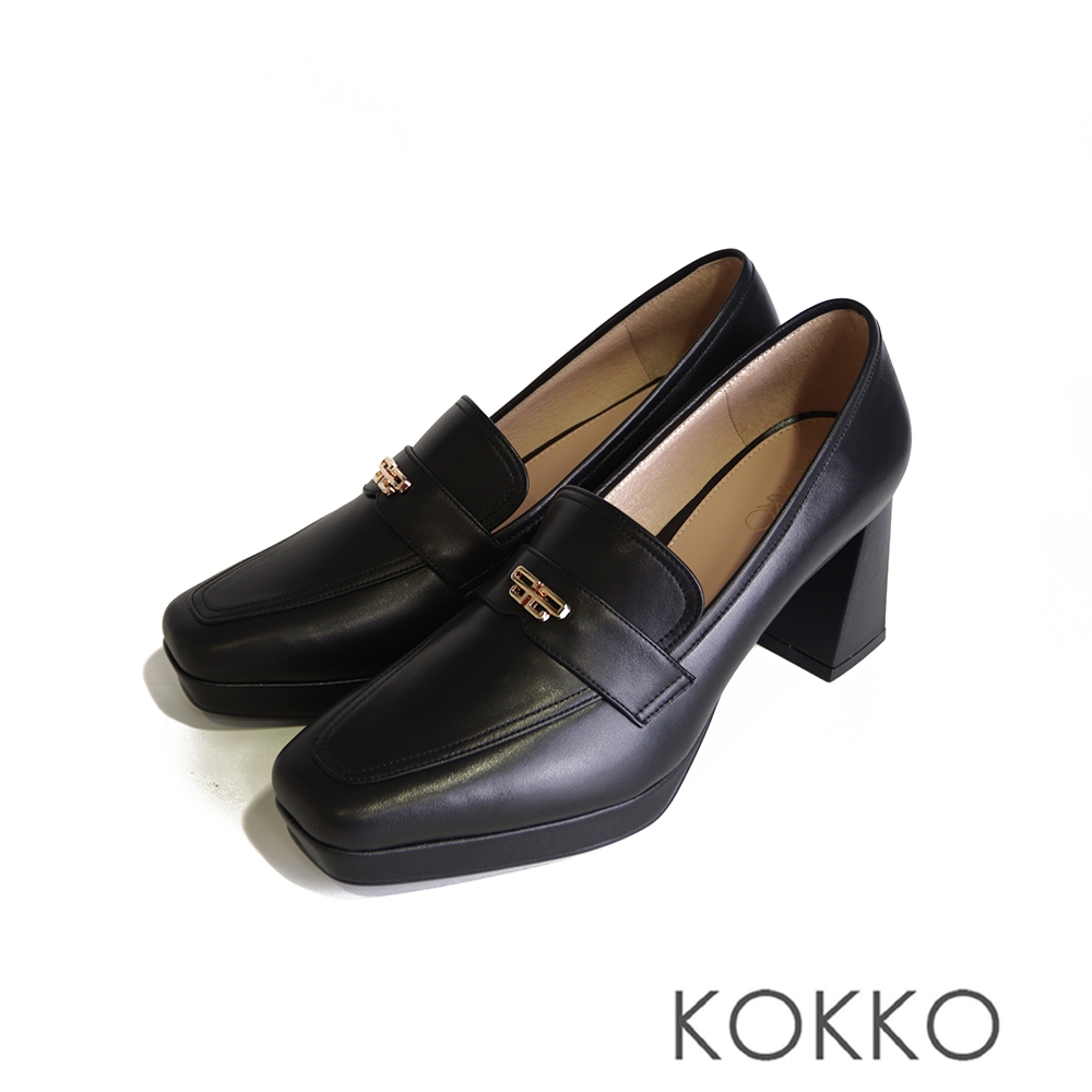 KOKKO俐落時尚手工方頭綿羊皮粗高跟樂福鞋黑色