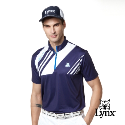 【Lynx Golf】男款吸濕排汗合身版斜紋印花山貓織標短袖立領POLO衫-深藍色