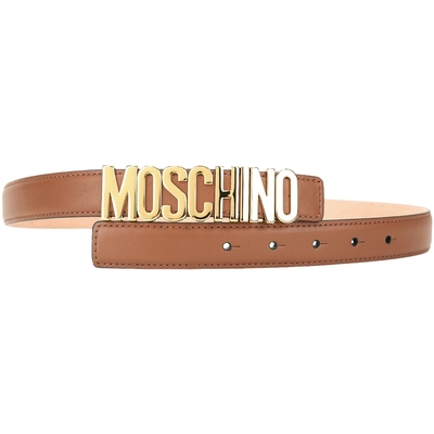 MOSCHINO 拋光金字母車縫邊小牛皮細版腰帶(棕色)