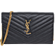 YSL Saint Laurent Monogram V字縫線魚子醬牛皮金LOGO斜肩/手拿包(黑/377828) product thumbnail 1