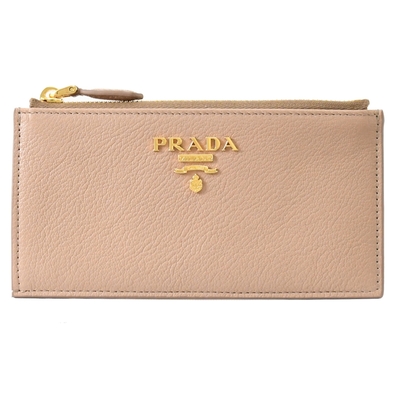 PRADA 金屬LOGO質感山羊皮6卡隨身卡片零錢包(裸色)