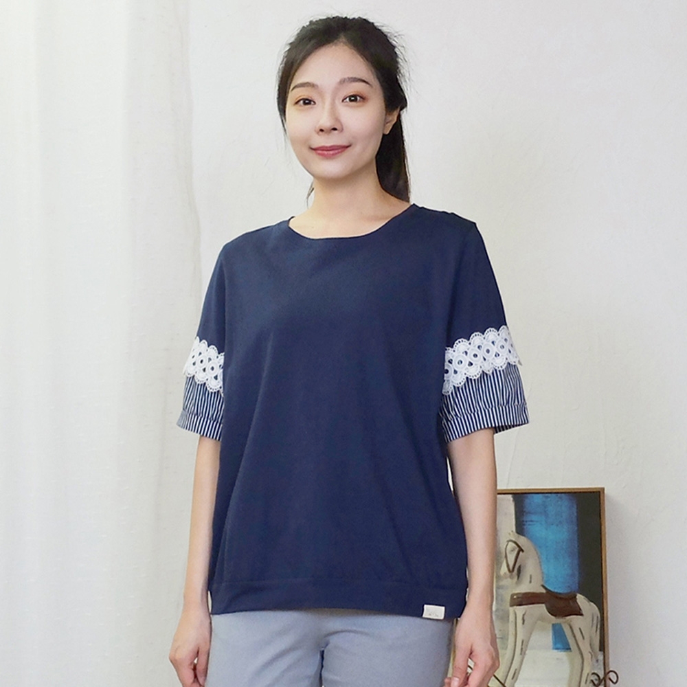 Hana-Mokuba花木馬日系女裝寬鬆針梭織拼接蕾絲花邊五分袖氣質T恤_漂白/深藍