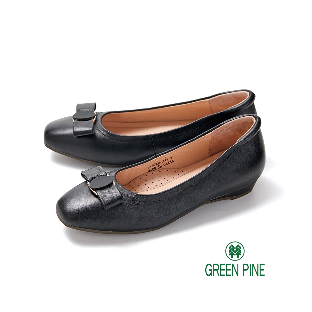 GREEN PINE蝴蝶結方頭羊皮舒壓坡跟鞋黑色(00316012)