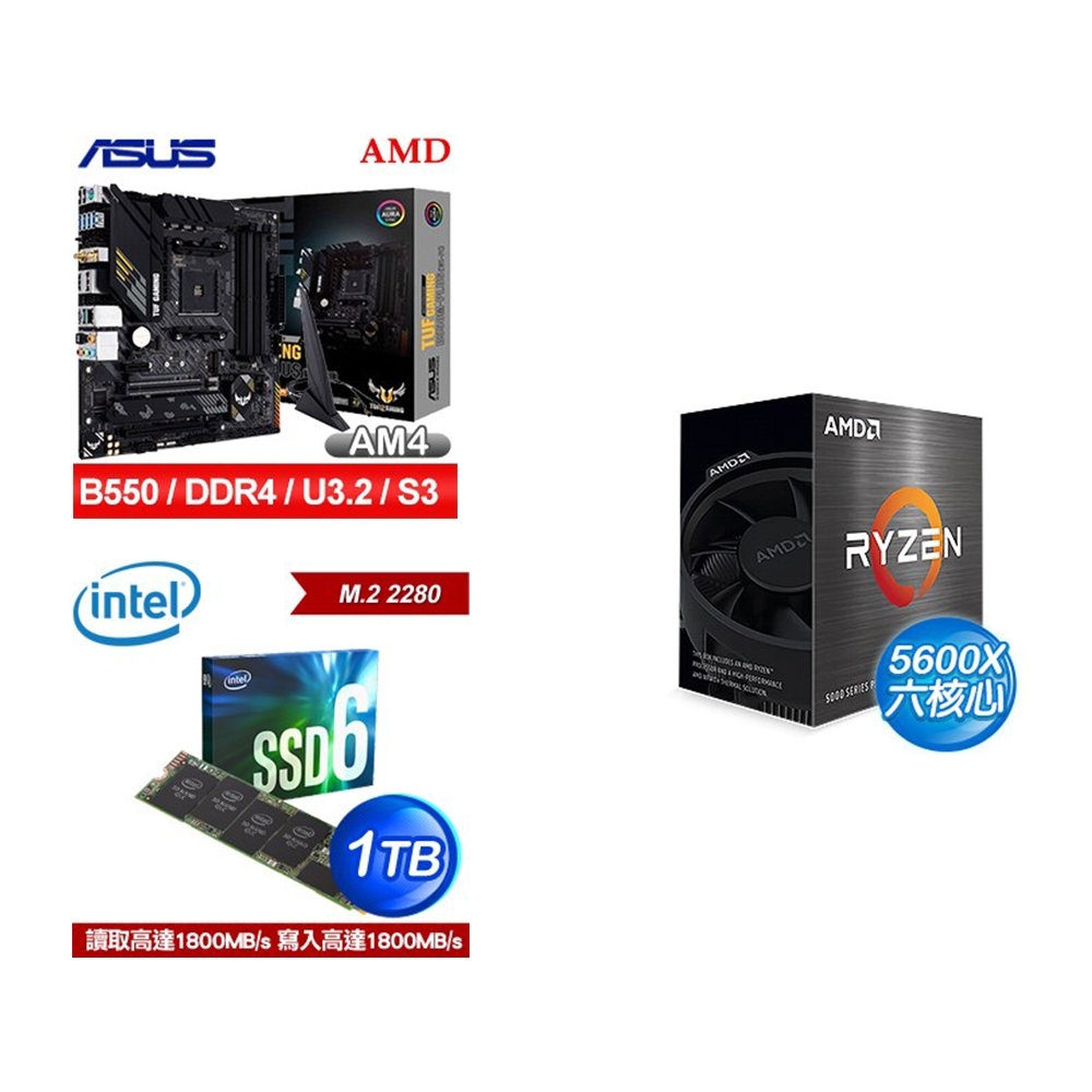 (U+MB+SSD) AMD R5 5600X+華碩 TUF GAMING B550M-PLUS 主機板+ Intel 660p 1TB M.2 PCIe SSD