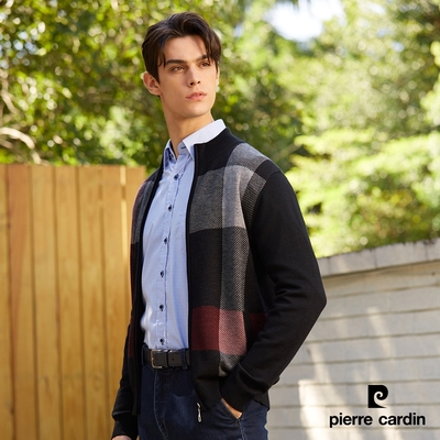 Pierre Cardin皮爾卡登 男款 羊毛混紡大格紋全開拉鍊毛衣外套-黑色(5235477-99)