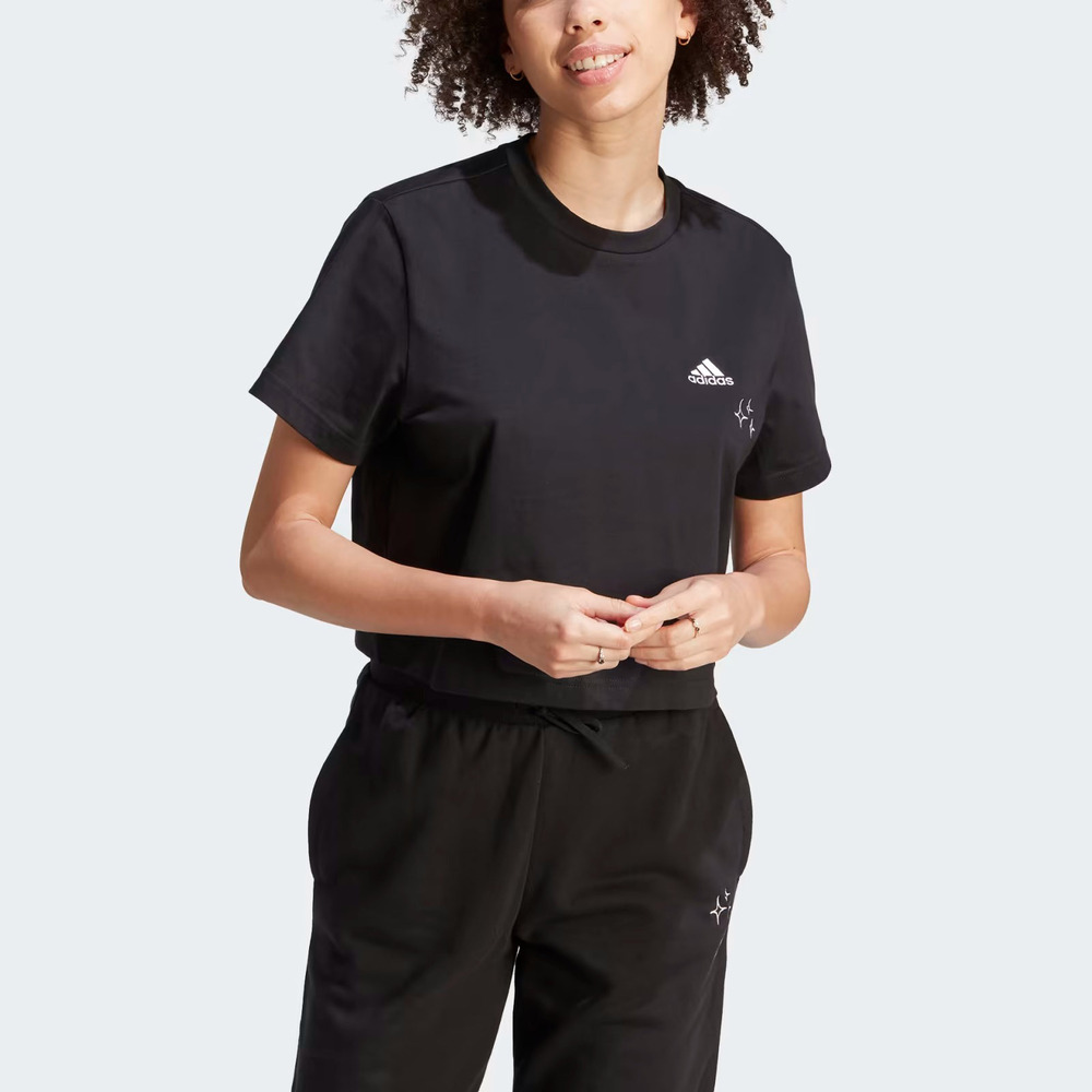 Adidas W BLUV Q3 CRO T [IJ8743] 女 短袖 短版 上衣 T恤 運動 休閒 寬鬆 舒適 黑