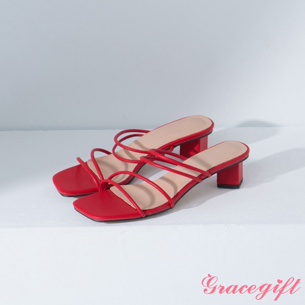 Grace gift-方頭細帶中跟涼拖鞋 紅 product image 1