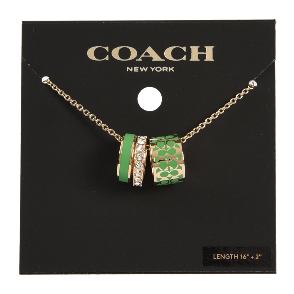 COACH 經典滿版C字LOGO三環造型搪瓷水晶鑲鑽項鍊-金/綠色