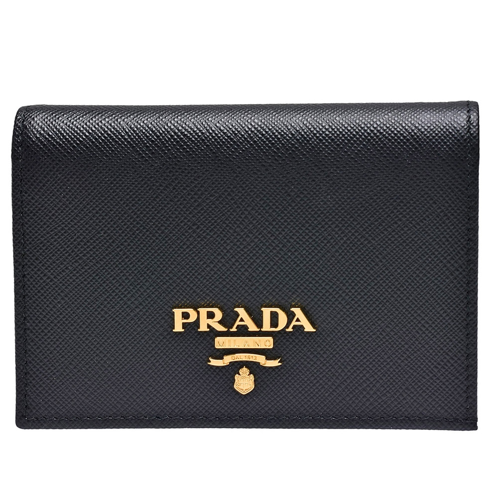 PRADA 經典品牌金色浮雕LOGO防刮牛皮暗釦短夾(黑)