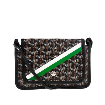 GOYARD 新款PLUMET系列白綠斜紋帆布LOGO翻蓋扁斜背包 (黑色)