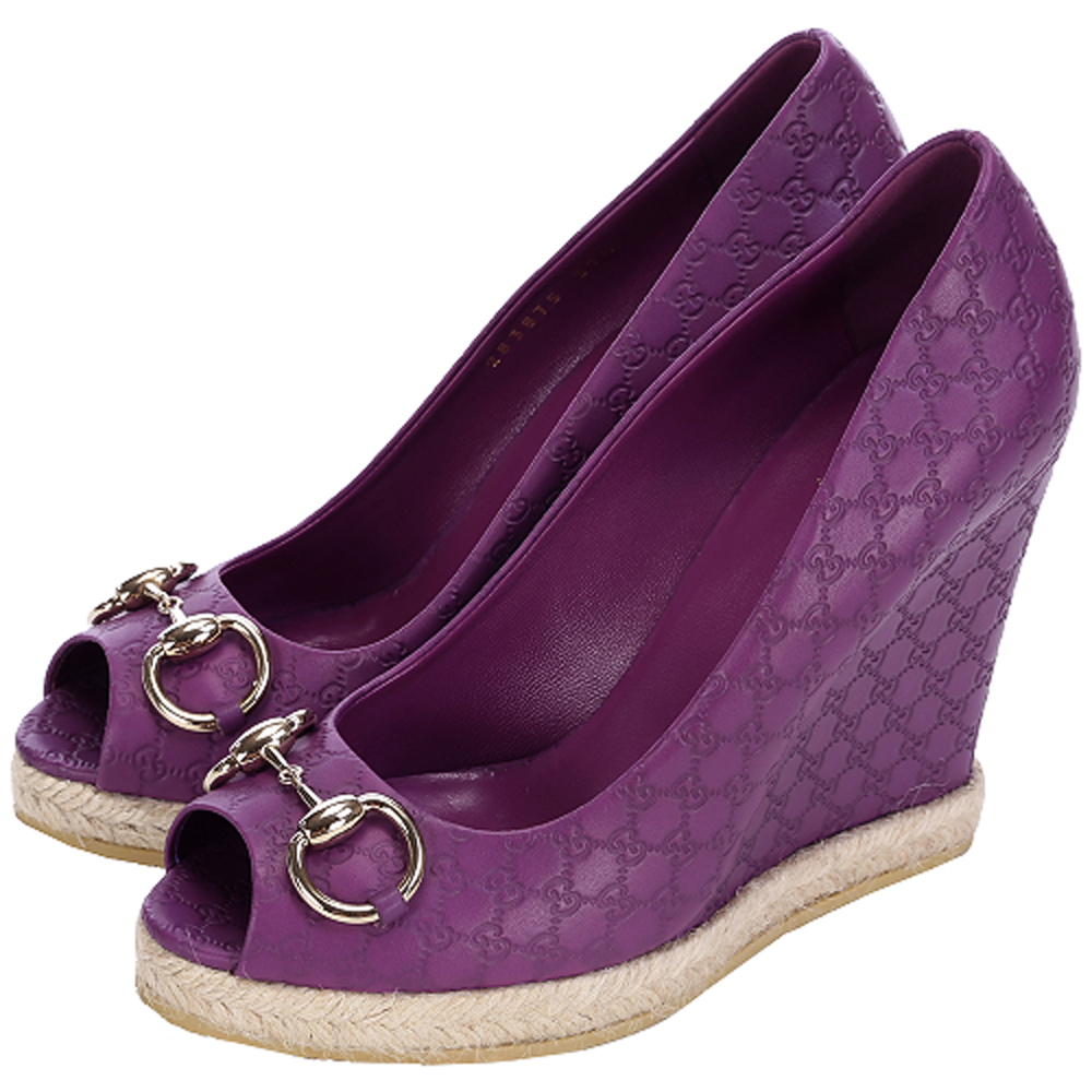 GUCCI 紫色雙G壓紋魚口楔型鞋