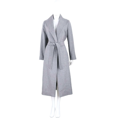Max Mara 3LORIAN 純羊毛灰色開襟綁帶大衣 外套