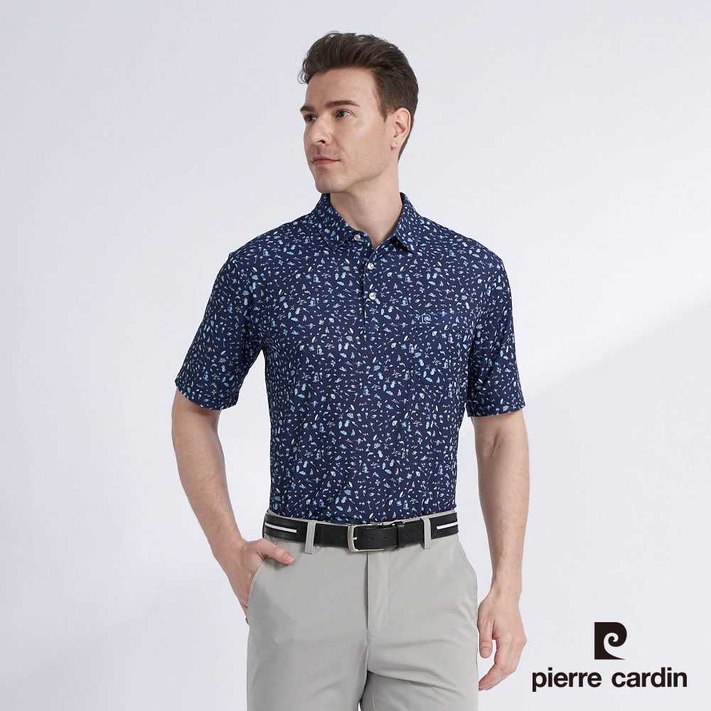 Pierre Cardin皮爾卡登 男款 吸濕排汗彈性印花短袖POLO衫-深藍色(5227288-38)