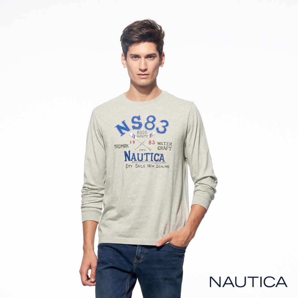 Nautica手繪圖騰純棉長袖TEE-灰色