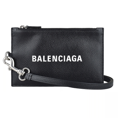 BALENCIAGA 字母LOGO牛皮拉鏈掛繩證件零錢包(黑)