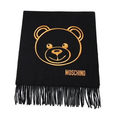 MOSCHINO 泰迪熊臉純羊毛寬版流蘇圍巾(016 黑色)