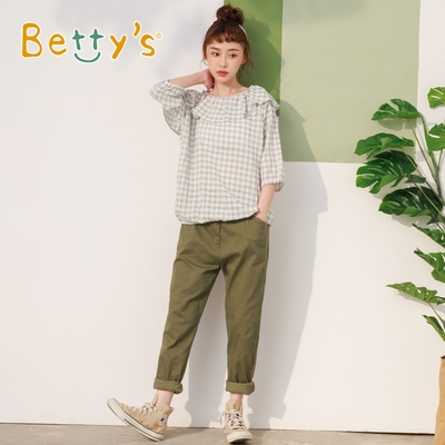 betty’s專櫃款　前排釦飾格子鑲邊長褲(軍綠)