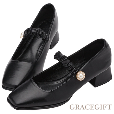 【Grace Gift】雲朵珍珠繫帶中跟瑪莉珍鞋 黑