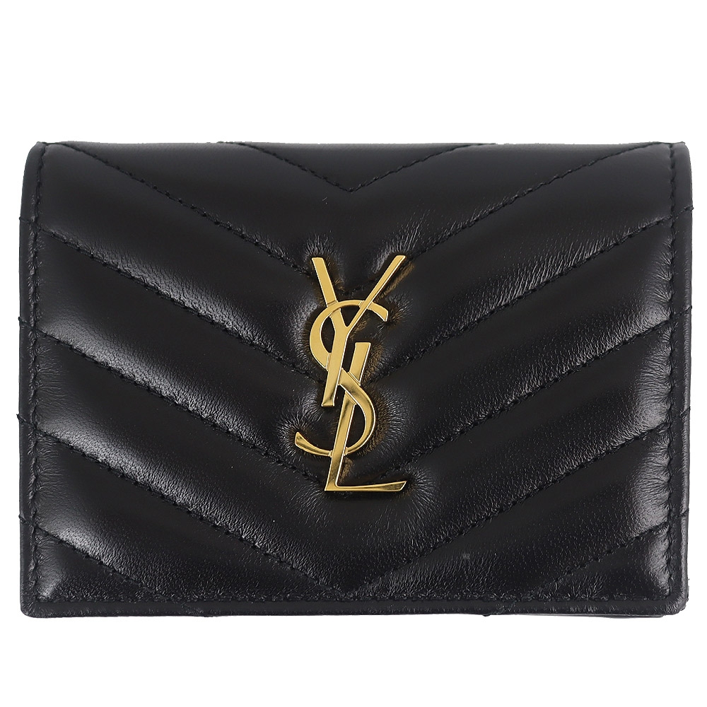 YSL MONOGRAM 黑色V型縫線羊皮金字翻蓋短夾(拉鍊袋)