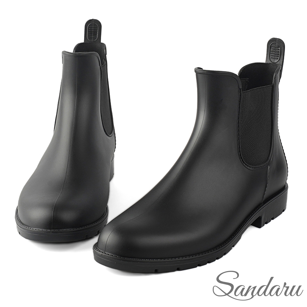 山打努SANDARU-雨靴 側拼布低筒防水切爾西靴-黑