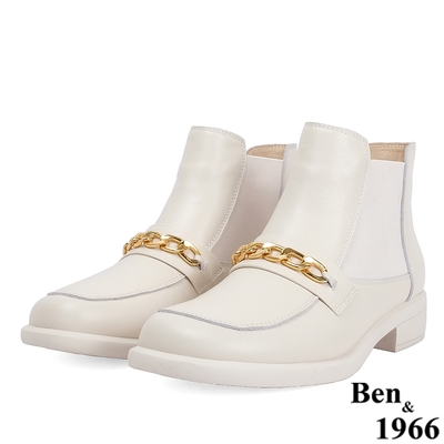 Ben&1966高級頭層牛皮流行鍊條短靴-米白(217092)