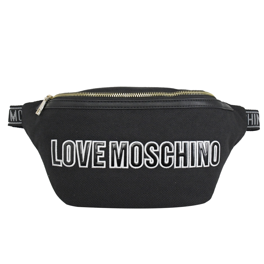 MOSCHINO LOVE系電繡大LOGO帆布拉鍊腰包/胸口包(黑)