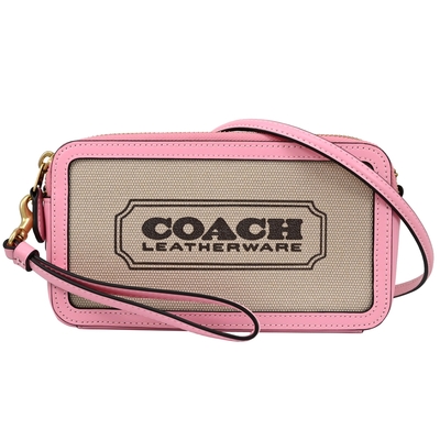 COACH Kira 簡約燙印LOGO撞色帆布拼接手提斜背兩用方包(卡其/粉)