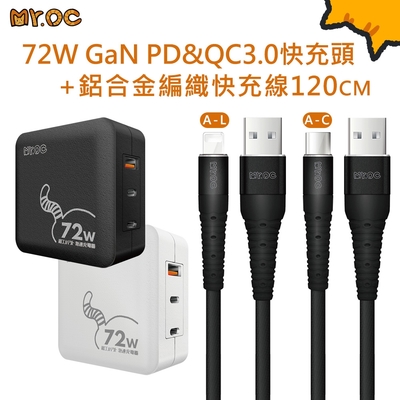 Mr.OC 橘貓先生 72W GaN 氮化鎵 PD+QC3.0 折疊充電器+USB-A to 鋁合金編織快充線-120CM