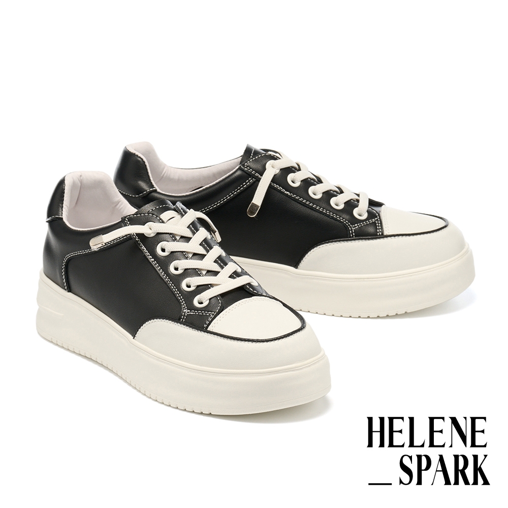 休閒鞋 HELENE_SPARK 舒適百搭彈力鞋帶牛皮厚底休閒鞋－黑