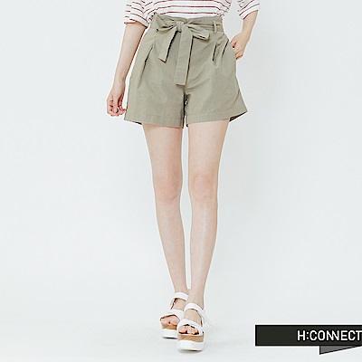 H:CONNECT 韓國品牌 女裝-綁結打摺棉麻短褲-卡其